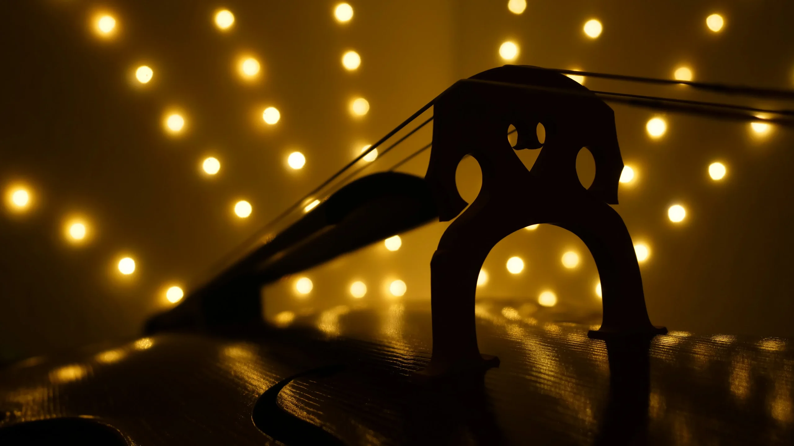Die Silhouette eines Cellostegs, die Saiten verschwinden langsam in der Unschärfe. Im Hintergrund leuchtet eine Licherkette.